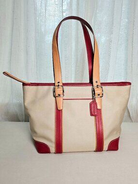 Vintage Coach Tote Bag Style 7740 Beige Canvas Red Leather Trim Shoulder Bag Y2K